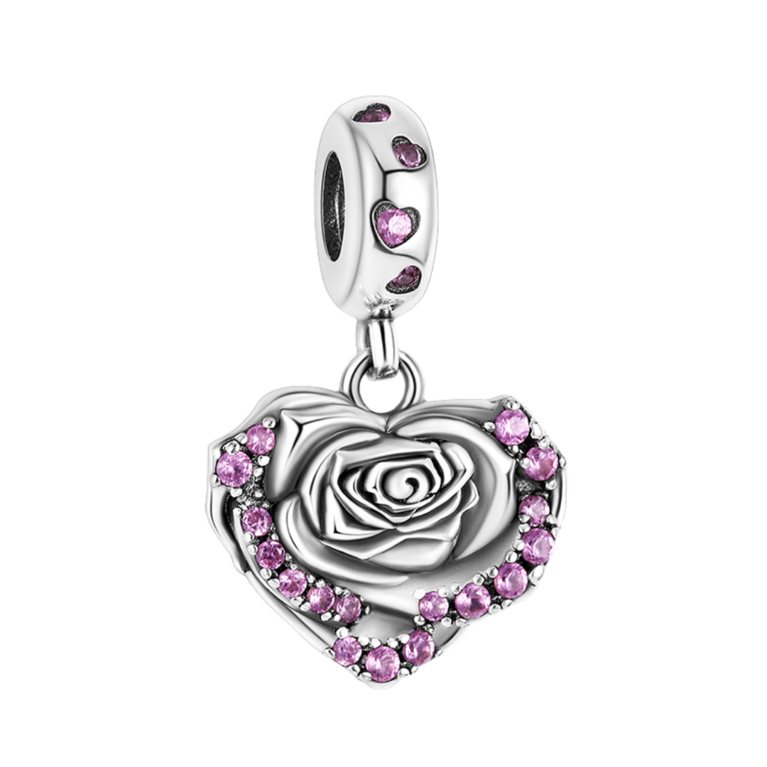 Pink Rose Heart Dangle Charm