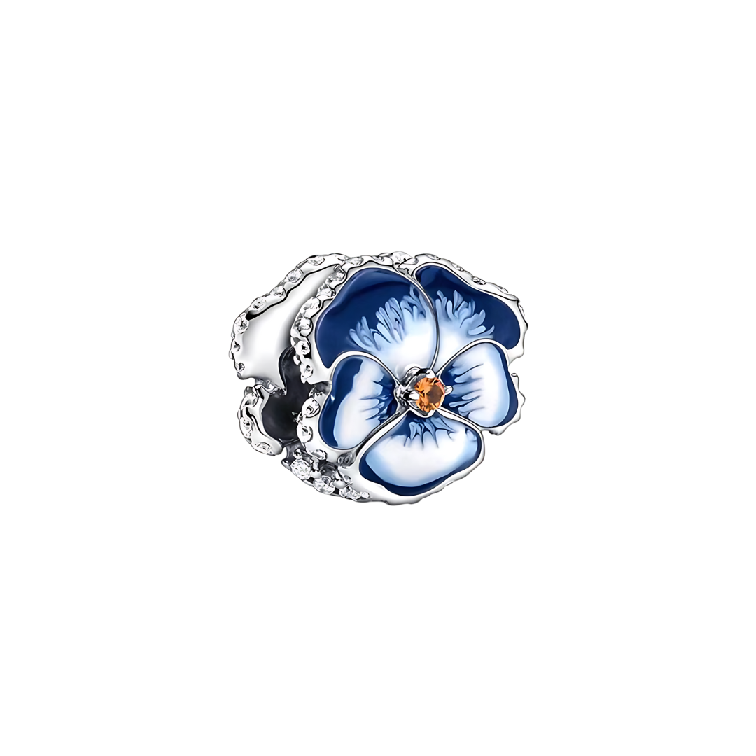 Sparkling Blue Pansy Flower Charm