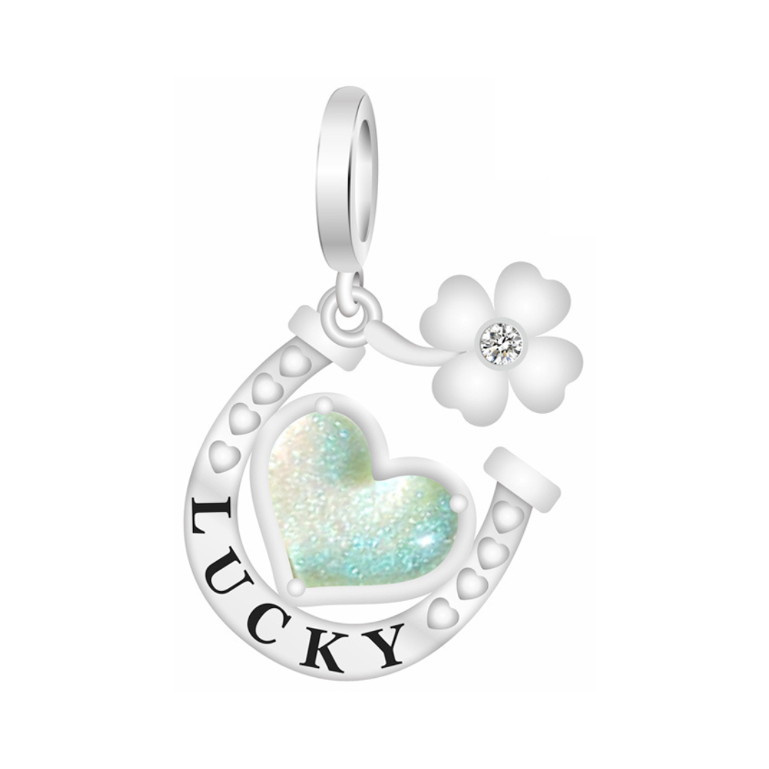 Lucky Horseshoe Heart & Four-Leaf Clover Dangle Charm