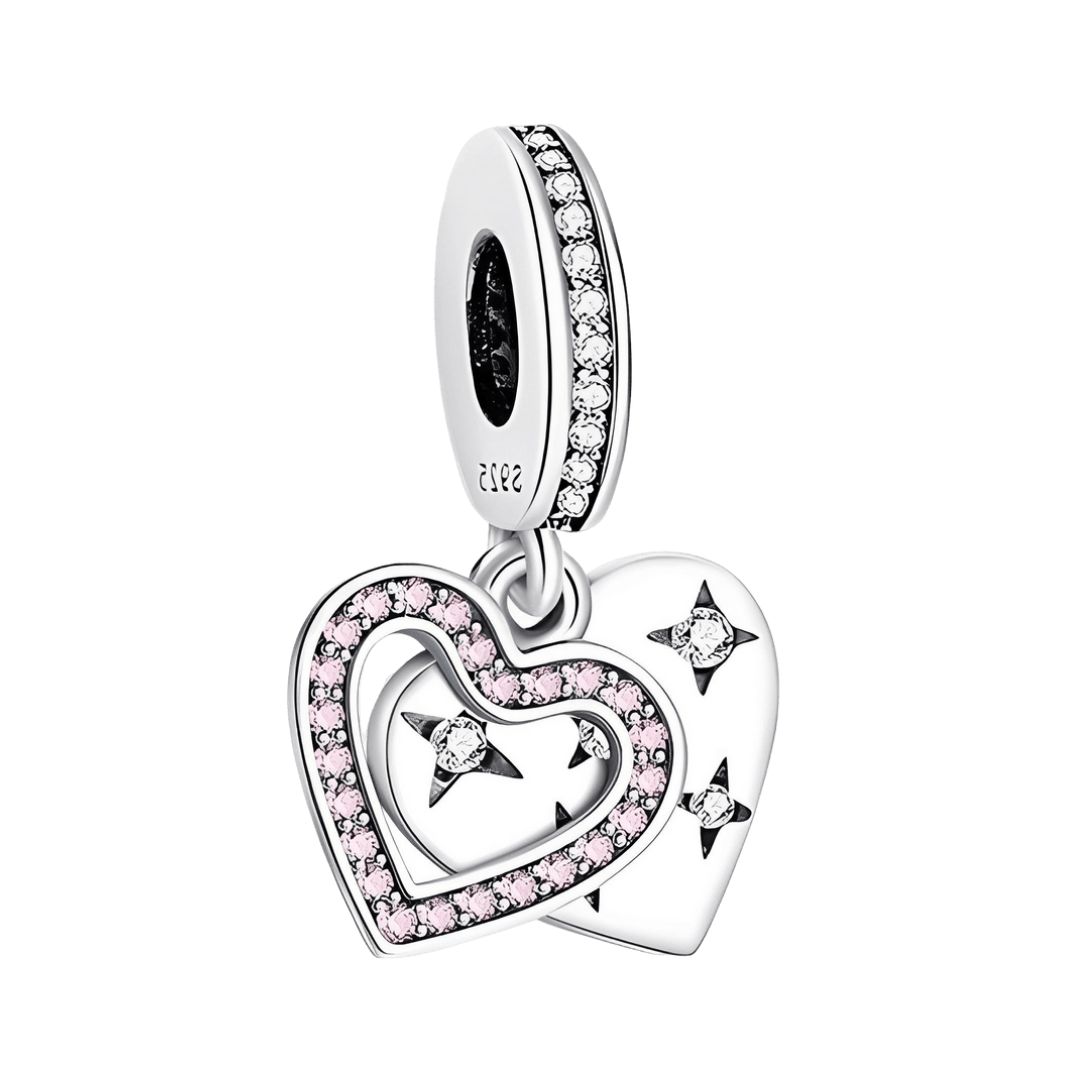 Pink Cubic Zirconia Double Heart Dangle Charm