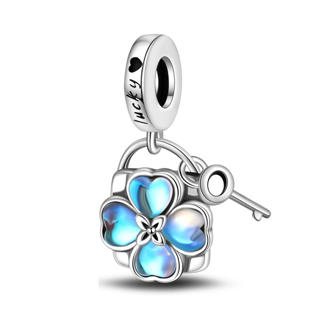Lucky Four-Leaf Clover Lock & Key Dangle Charm