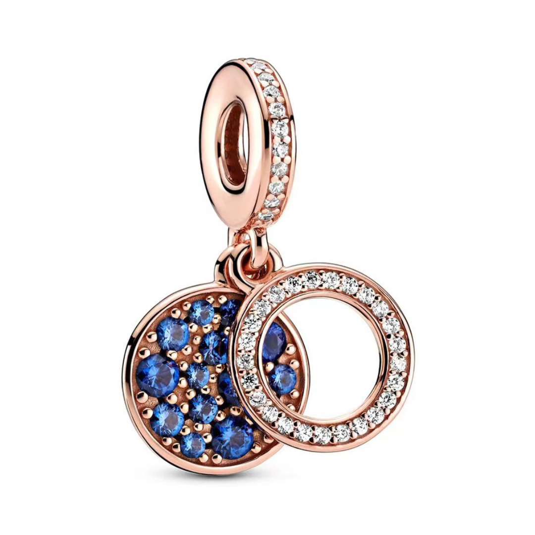 Rose Gold Sparkling Halo Blue Dangle Charm