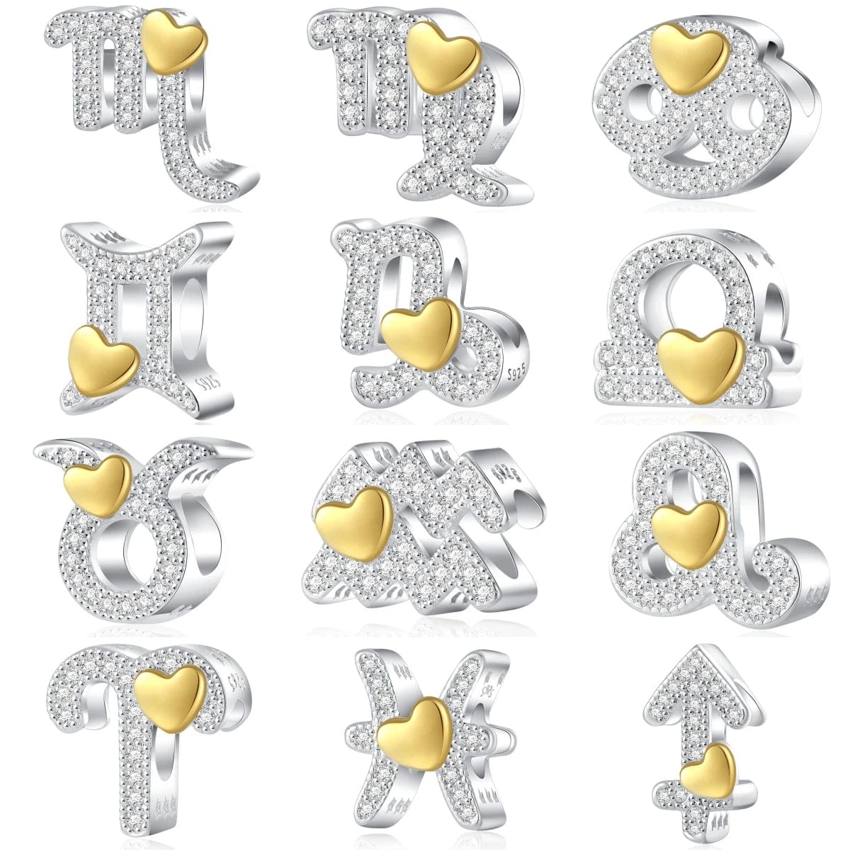 Gold Heart & Pavé Crystals Astrology Signs Zodiac Constellation Charms