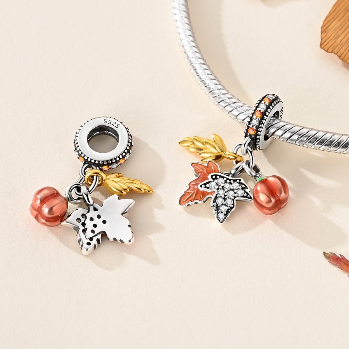 Autumn Harvest Pumpkin & Leaves Dangle Charm