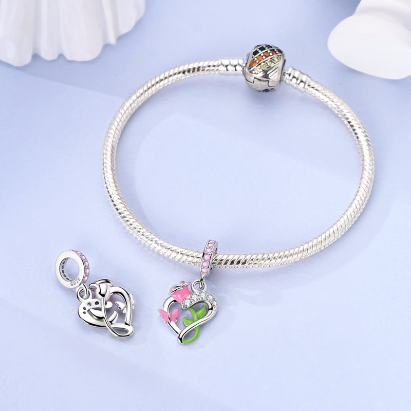 Blooming Rose & Butterfly Heart Dangle Charm