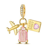 Golden Airplane, Pink Suitcase & Passport Travel Dangle Charm