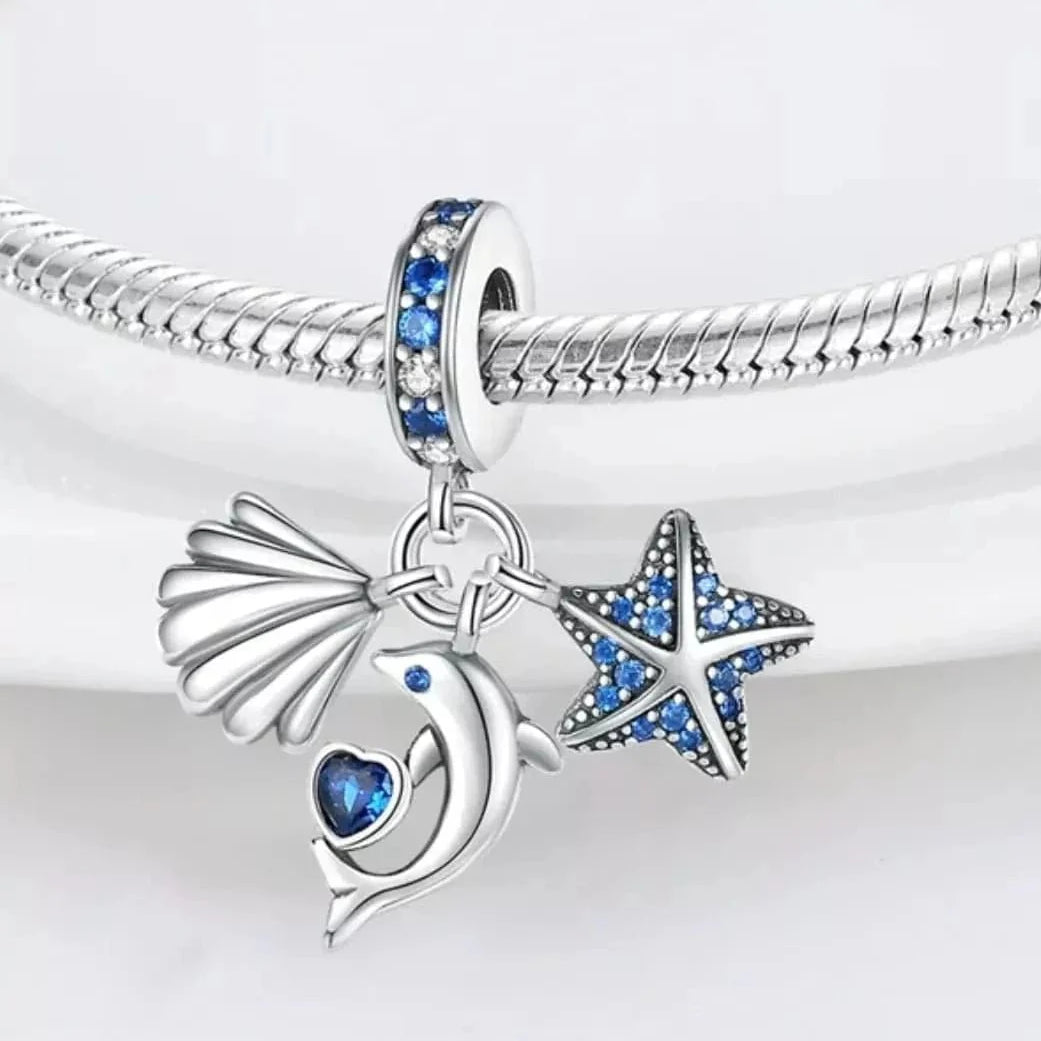 Ocean Fish Starfish and Seashell Triple Dangle Charm