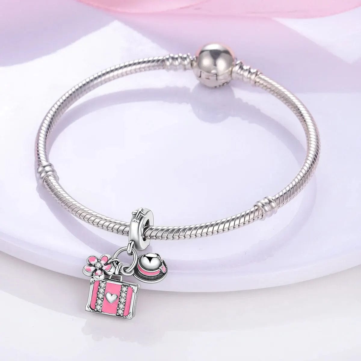Pink Travel Suitcase with Flower & Sun Hat Dangle Charm