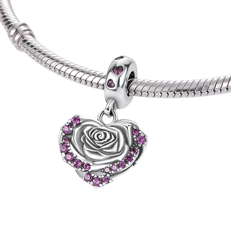 Pink Rose Heart Dangle Charm