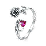 Skeleton Hand & Rose Adjustable Ring